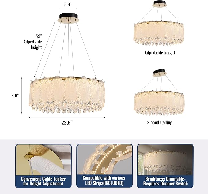 Drum Chandelier for Dining Room,24-ihch Modern Gold Drum Glass Chandeliers,Luxury Crystal Glass Pendant Ceiling Lighti for Foyer Living Room Bedroom