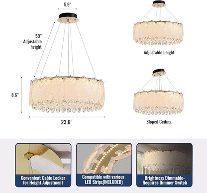 Drum Chandelier for Dining Room,24-ihch Modern Gold Drum Glass Chandeliers,Luxury Crystal Glass Pendant Ceiling Lighti for Foyer Living Room Bedroom
