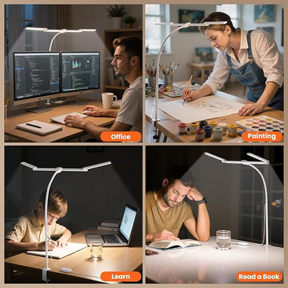 LED Desk Lamp for Office Home, Adjustable 3 Head Computer Monitor Light with Clamp, Eye Caring Clip on Desk Light Stepless Dimming, Auto-off Timer Architect Desk Lamp for Reading Study Workbench White