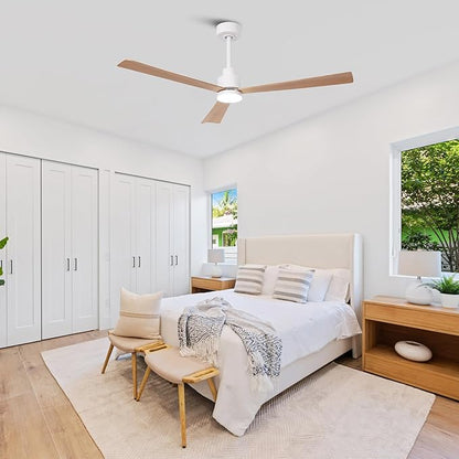 52" White Ceiling Fan with Light and Remote, Modern 3-Blade DC Motor Ceiling Fan, Quiet Reversible Airflow, 6-Speed LED, Use for Bedroom Living Room Kitchen Indoor Use
