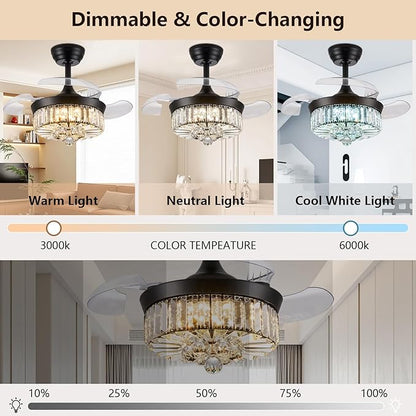 DuMaiWay 30" Chandelier Ceiling Fan with Light Crystal Fandelier Modern Reversible Ceiling Fan Dimmable Retractable Timer Remote APP Control for Dining Living Room Bedroom Black