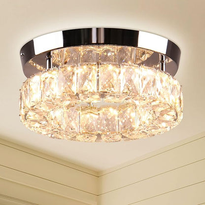 9.8" Modern Mini LED Crystal Chandelier Round Crystal Ceiling Light Flush Mount Light Fixture Small Ceiling Light for Hallway Foyer Kitchen Closet Warm White