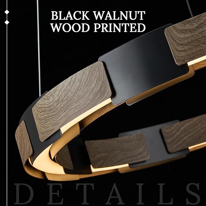 LED Ring Chandelier Dimmable Black & Wood Chandelier for Dining Room 24in Circular Chandeliers Light Modern Round LED Chandeliers Light Fixture for Entry Bedroom Kitchen Home Office Living Room