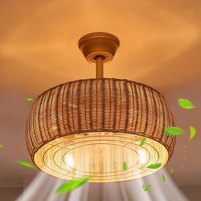 18.1" Rattan Caged Ceiling Fan with Lights 4-Light Beige Fandelier with Light Boho Bamboo Chandelier Fan with Light Reversible Motor, Remote Wicker Pendant Light with Fan for Bedroom Living Room