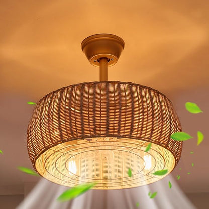 18.1" Rattan Caged Ceiling Fan with Lights 4-Light Beige Fandelier with Light Boho Bamboo Chandelier Fan with Light Reversible Motor, Remote Wicker Pendant Light with Fan for Bedroom Living Room