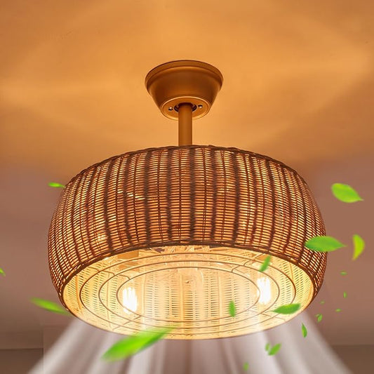 18.1" Rattan Caged Ceiling Fan with Lights 4-Light Beige Fandelier with Light Boho Bamboo Chandelier Fan with Light Reversible Motor, Remote Wicker Pendant Light with Fan for Bedroom Living Room