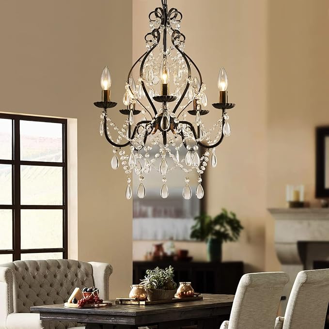 Saint Mossi 5-Lights Crystal Chandelier, Farmhouse Pendant Light Fixtures, H24 x D17,Chain Adjustable Max 59", Black Finish