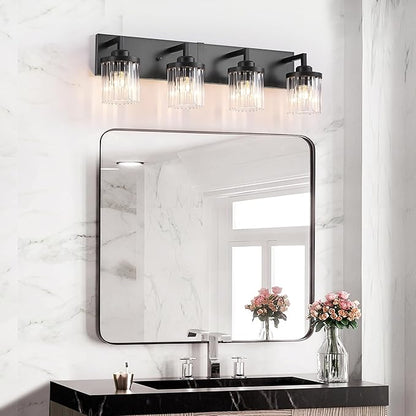 Modern Crystal Bathroom Light Fixtures, 4 Light Black Farmhouse Vanity Lights, with Crystal Glass Shade, Industrial Bathroom Lighting Fixtures Over Mirror Wall Light for Bedroom Living Room