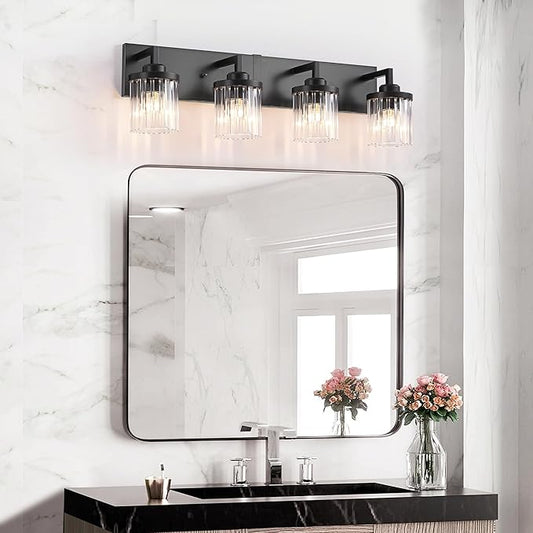 Modern Crystal Bathroom Light Fixtures, 4 Light Black Farmhouse Vanity Lights, with Crystal Glass Shade, Industrial Bathroom Lighting Fixtures Over Mirror Wall Light for Bedroom Living Room