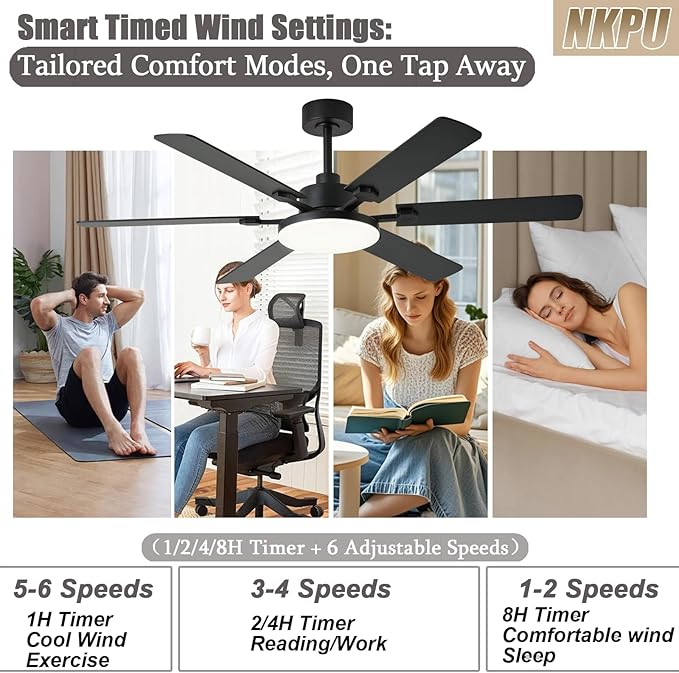 NKPU 56 Inch Ceiling Fans with Lights, Modern Black Ceiling Fan with Light and Remote Control, 6 Double Sided Blades, 6 Speed Reversible Motor, Dimmable LED, Silent Timing, Indoor Outdoor Patio Use