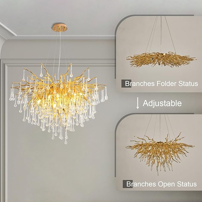 Gold Crystal Chandelier for Dining Room - 23in Modern Raindrop Teardrop Tree Branch Brass Chandeliers for Living Room, Bedroom, Entryway, Foyer, High Ceiling, Bathroom(Bulb not Included)