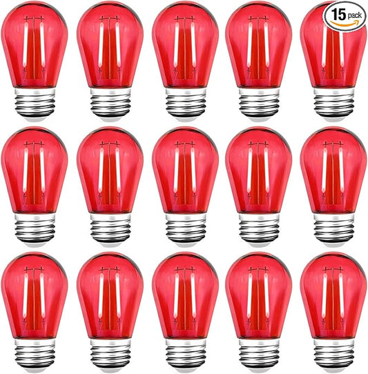 15 Pack S14 LED Red String Light Bulbs, Shatterproof 2 Watt Replacement Bulbs for Outdoor String Light, Waterproof Decorative E26 Base Red Filament Edison Christmas Light Bulbs, 120V