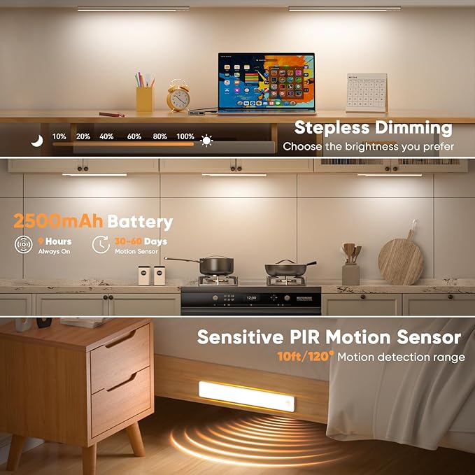 6 Pack 13 inch Under Cabinet Lighting, USB Rechargeable Motion Sensor Light Indoor, Battery Operated Closet Light, LED Cabinet Lights, Stick On Dimmable Under Counter Lights for Kitchen