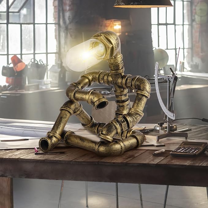 Steampunk Decor Table Lamp for Men Unique Creative Robot Style Desk Lamp,Vintage Industrial Metal Pipe Water Pipe Light, Home Decor Ideal for Bedrooms,Study. (Bronze A)