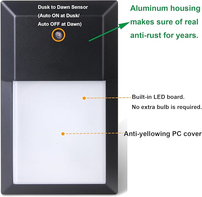 LIT-PaTH Dusk to Dawn Outdoor Wall Lantern, LED Wall Sconce for Porch Lighting Fixture, 12W 1000 Lumens, Aluminum Housing Plus PC, 1-Pack, 5000K-Black Finish