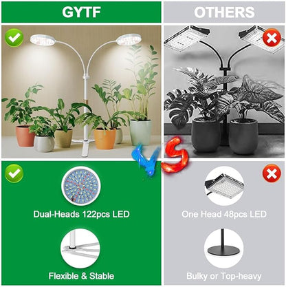 GYTF Grow Light Dual Ring 3.5" with Base, 122 LEDs 6000K White Full Spectrum Gooseneck Plant Lamp for Indoor Desk Plants, Dimmable & Height Adjustable 9-16", Timer 4/8/12/18Hrs