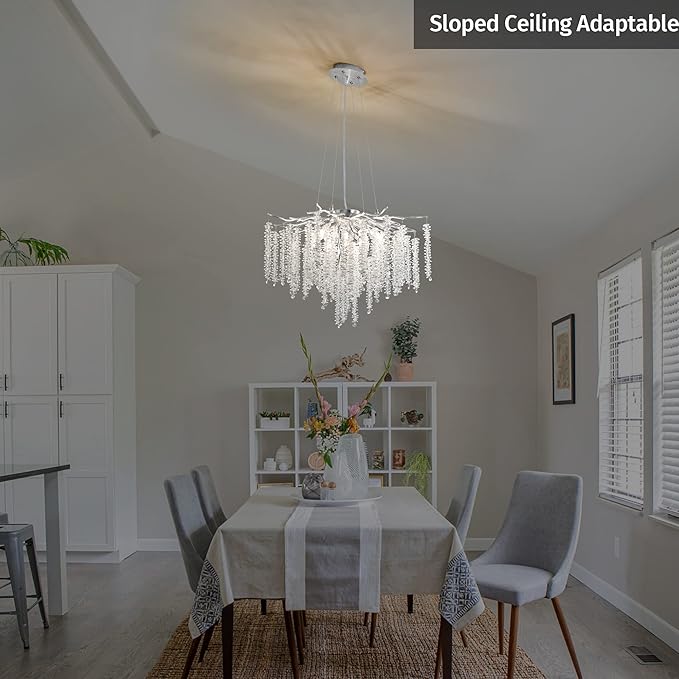 Tree Branch Chandelier Silver D23.7 Modern Round Raindrop Crystal Chandelier Ceiling Pendant Light Fixtures for Dining Room, Kitchen Island, Bedroom, Living Room