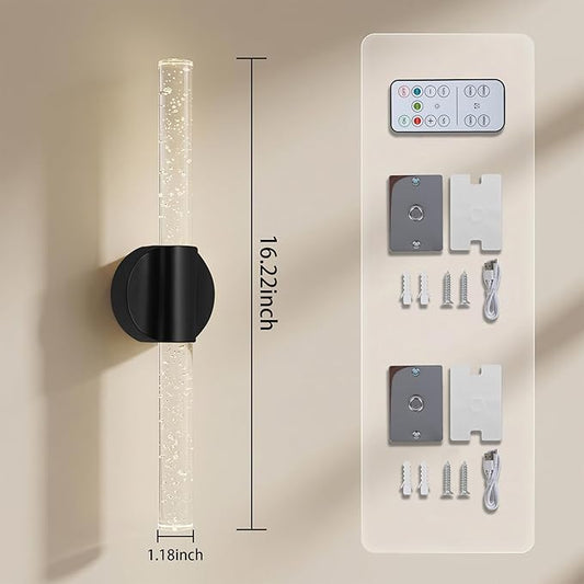 Battery Operated Wall Sconce Set of 2, Black Rechargeable Wall Light with Remote Control, 3000K-6500K Dimmable Wireless Wall Lamp for Bedroom Living Room Bathroom Hallway