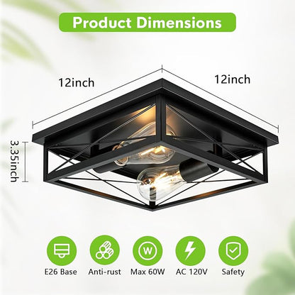 2 Pack Farmhouse Ceiling Light Fixture - 12 Inch Big Industrial Square Modern Black Flush Mount Ceiling Light for Kitchen, Hallway, Bedroom, Balcony, Porch, Stairway, E26 (Black, 12 Inch)