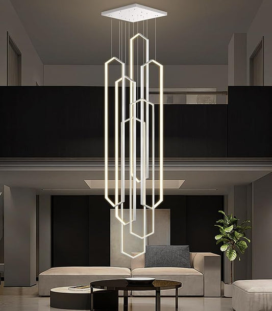 6 Rings Silver Modern Long Large Chandelier Dimmable LED High Ceiling Chandelier for Living Room Foyer Staircase Enterway Hanging Light Fixture Modern Ceiling Light