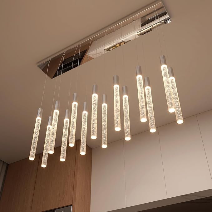 Modern Rectangular Crystal Chandelier 14-Light Silver LED Crystal Column Chandelier for Staircase, Living Room, Foyer, Hallway