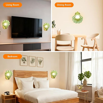 Vintage Battery Operated Wall Sconces with Remote, Green Rechargeable Wireless Wall Sconces with Magnetic LED Bulbs, Indoor Shell Shaped Wall Lights for Living Room, Bedroom, Doorway, Set of 2