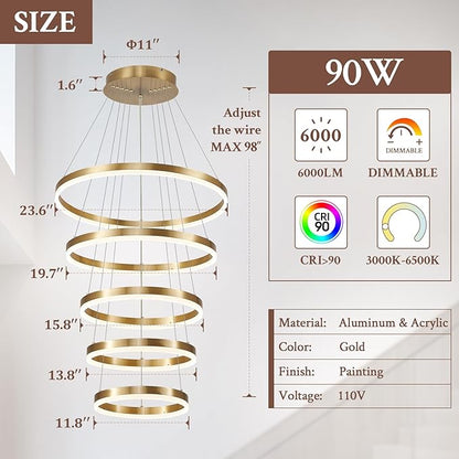 Modern LED Chandelier for Foyer Dimmable Gold High Ceiling Chandeliers Foyer with Remote Control for Entryway Dining Room Living Room Staircase, 3000K-6500K(5-Rings D23.6’’)