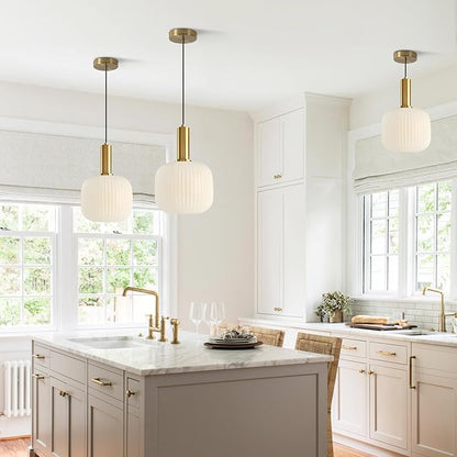 BOKT Pendant Lights Kitchen Island Brass Modern Gold Pendant Light Fixtures 7.9" Vintage Adjustable Height Hanging Lamp with Milk White Glass Shade for Entryway Dining Room Hallway