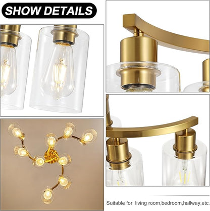 CNRATYE 9-Light Gold Glass Chandelier, Adjustable Height Dining Room Light Fixtures Over Table, Contemporary Hanging Chandelier for Kitchen Island Living Room Foyer Office, Clear Glass Shade