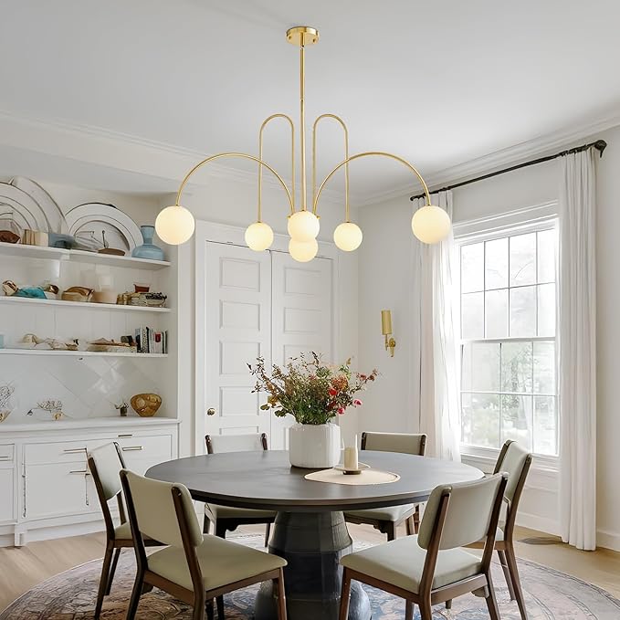Modern Gold Sputnik Chandelier 6-Light Mid Century Chandelier for Dining Room with Milky Glass Globe Brushed Brass Ceiling Pendent Light Fixture for Living Room Kitchen Island Foyer Bedroom