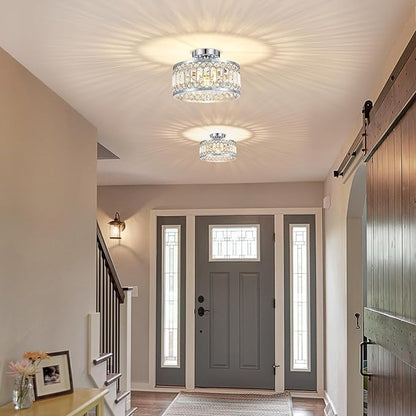 YURNYQ Crystal Ceiling Light Fixture, Modern Semi Flush Mount Ceiling Light, Chrome Lighting Fixtures Ceiling Lamp for Hallway, Kitchen, Entryway, Bedroom, Laundry Room, 1-Light, 11.4 Inch