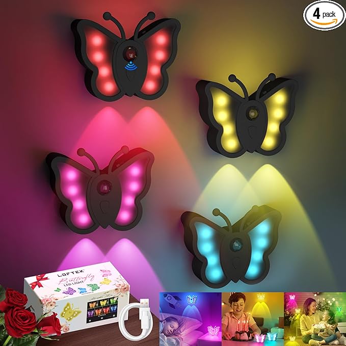 LOFTEK Rechargeable Motion Sensor Light, RGB Color Change & Dimmable Wall Night Light, Cute Butterfly Light for Kids' Bedroom, Bathroom, Hallway, Tent, Stairs, Camping - Gift, Black of 4