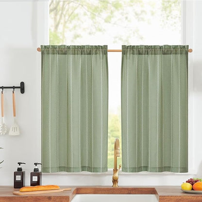 jinchan Nautical Striped Linen Kitchen Curtains 36 Inches Farmhouse Tier Cafe Curtains for Living Room Bathroom Laundry RV Rustic Half Window Light Filtering 2 Panels Green