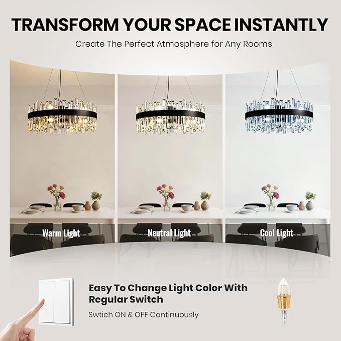 12-Light Modern Crystal Chandelier for Dining Room, Black Round Flush Mount Ceiling Light, Luxury 2-Tiers K9 Crystal Raindrop Chandelier for Living Room Entryway Foyer Bathroom D23.6''