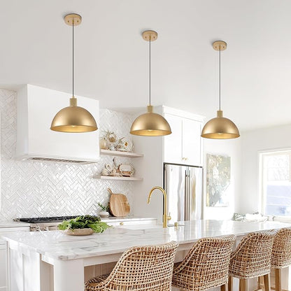 12 Inch Gold Dome Pendant Lights 3 Pack for Kitchen Island, Height Adjustable Farmhouse Industrial Hanging Light Fixtures Over Table for Dining Room, Entryway