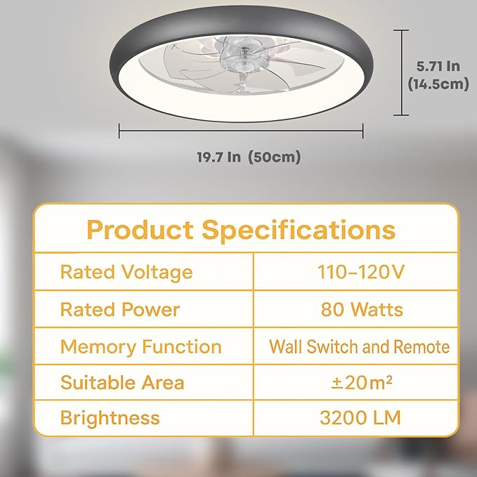 Fszdorj 20'' Ceiling Fan with Light, Upgraded Low Profile Fan, Flush Mount Ceiling Fan, 6 Speeds, Dimmable LED, App & Remote Control, Quiet DC Motor, for Bedroom, Living Room, F109 Grey