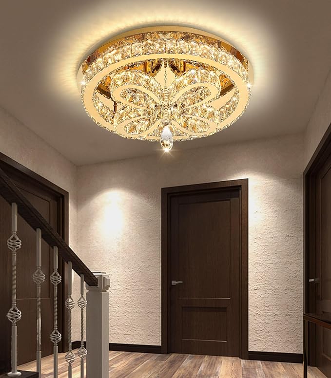 20'' Modern Crystal Chandelier LED Dimmable Flush Mount Ceiling Light Pendant Light for Living Room Bedroom Dining Room Gold Light Fixture