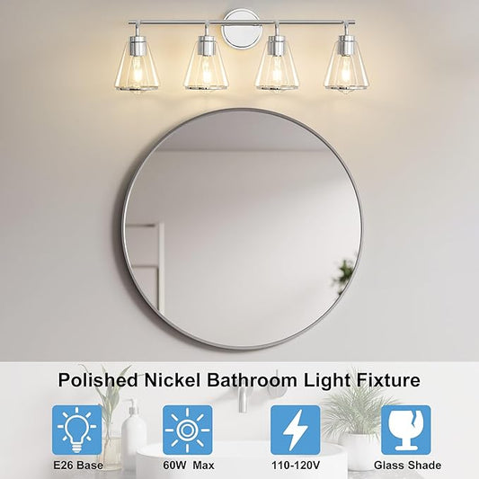 Polished Nickel Bathroom Light Fixtures 4 Light Bathroom Vanity Lights Over Mirror with Clear Glass Shade, 30 Inch Vanity Lights for Bath-Room Modern Wall Sconce Lighting (Exclude E26 Bulb)