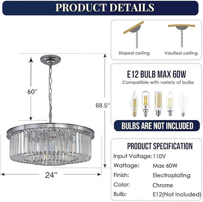 9Lights Crystal Chandelier Modern Chandeliers Lighting Pendant Ceiling Light Fixture 3-Tier for Dining Room Living Room Bedroom, Chrome Finished W24''