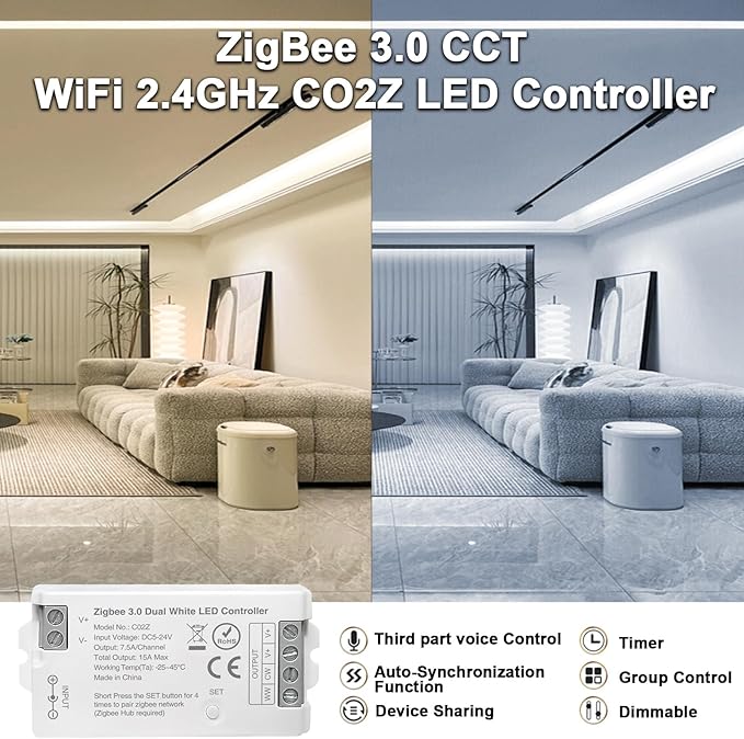 ZigBee 3.0 LED Controller C02Z CCT Dual White LED Strip Bulb Dimmer Compatible with Echo Plus Home-kit Zigbee Hub Bridge Required DC5-24V for LED Strip Lights