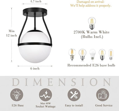 Bagood Globe Semi Flush Mount Ceiling Light Mid Century Modern 6" Globe Ceiling Light Fixture with Milk Glass Shade Black Finish for Living Room Hallway Kitchen Island Dining Room Laundry (Bulb Incl.)