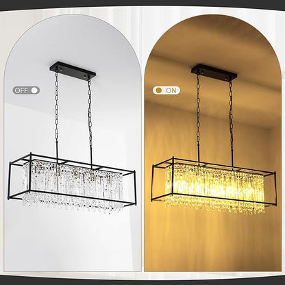 Modern Black Crystal Chandeliers For Dining Room, 36" Large Rectangle Water Ripple Glass Pendant Elegant Linear Lighting for Kitchen Island Dining Room LivingRoom Flat Inclined Ceiling,L36 x W11 x H19