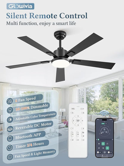 2 Pack 52 Inch Ceiling Fans with Lights and Remote&APP Control, Black Smart Ceiling Fan with 3000-6000K Dimmable, 6 Speeds Reversible, Indoor/Outdoor Ceiling Fan for Bedroom Living Room