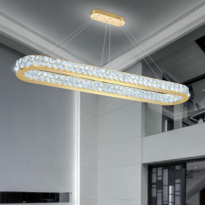 59'' Modern Oval Chandelier Crystal Chandeliers for Dining Room Round Ceiling Light Fixture for Living Room Lighting LED Dimmable with Remote Ring Lights Gold