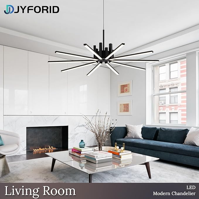 Black Modern Sputnik Chandelier with Remote Control, 56W 3-Color Temperature Dimmable LED Chandelier for Dining Room, Hanging Adjustable Pendant Light for Living Room Kitchen Foyer Entryway