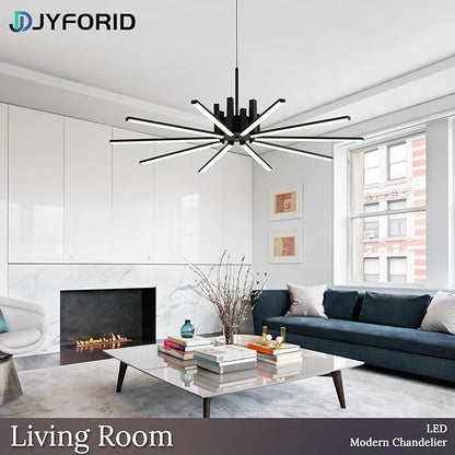 Black Modern Sputnik Chandelier with Remote Control, 56W 3-Color Temperature Dimmable LED Chandelier for Dining Room, Hanging Adjustable Pendant Light for Living Room Kitchen Foyer Entryway