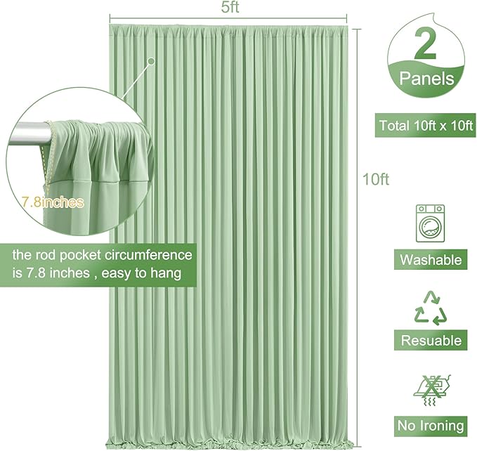 10ft x 10ft Sage Green Backdrop Curtain for Wedding Baby Shower Wrinkle Free Backdrop Drapes Panels for Parties Bridal Shower Birthday Photo Photography Polyester Fabric Background Decoration