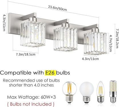 Aipsun Brushed Nickel Vanity Light Bathroom Lighting Fixtures 3 Light Crystal Modern Bathroom Vanity Light (Exclude Bulb)