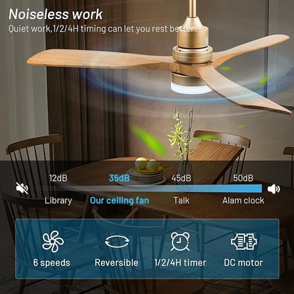 Champagne Gold Luxury Style Ceiling Fan with Light Solid Wood Blade Noiseless Reversible Motor Dimmable Light Memory Living Room and Bedroom Ceiling Fan (Golden04)