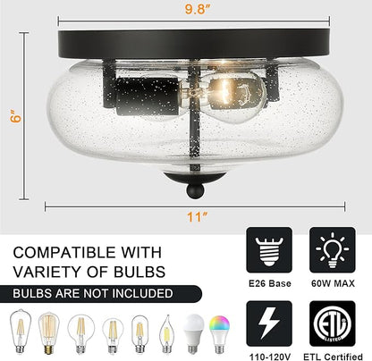 Darkaway Black Ceiling Light Fixtures, Indoor Outdoor Flush Mount Ceiling Light with Seeded Glass Shade for Farmhouse Hallway Kitchen Bedroom Porch Living Dining Room